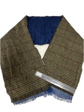 Polo Ralph Lauren Reversible Scarf Plaid Tweed  Blue Linen Fringed 71" NWT