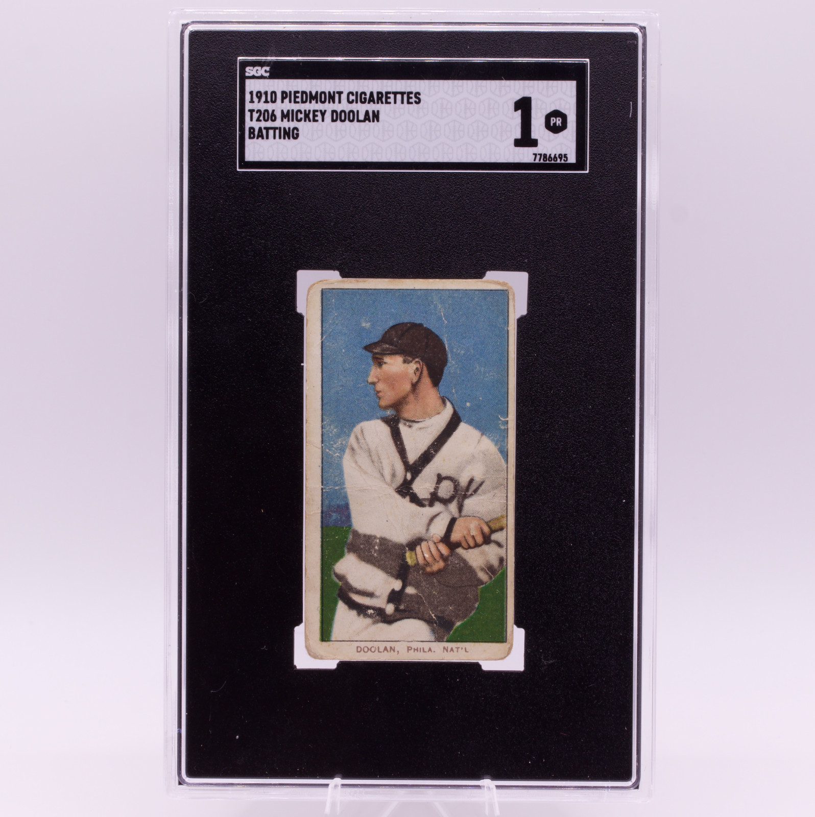 1910 T206 Mickey Doolan Batting Piedmont 350 Phillies SGC 1 PR Tobacco Card