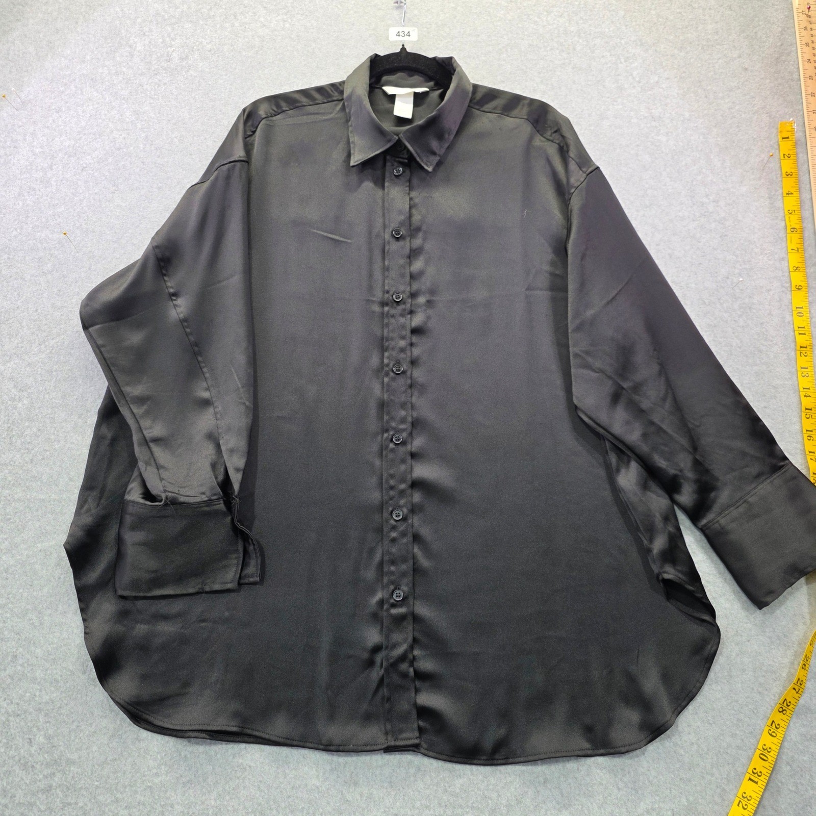 HM Black Satin Oversized Button Down Shirt Long Sleeve Blouse Size M-image
