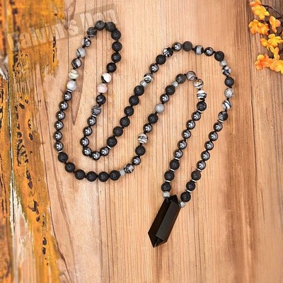 Black Hematite Lava Stone Zebra Jasper Bead Necklace Agate Crystal Point Pendant