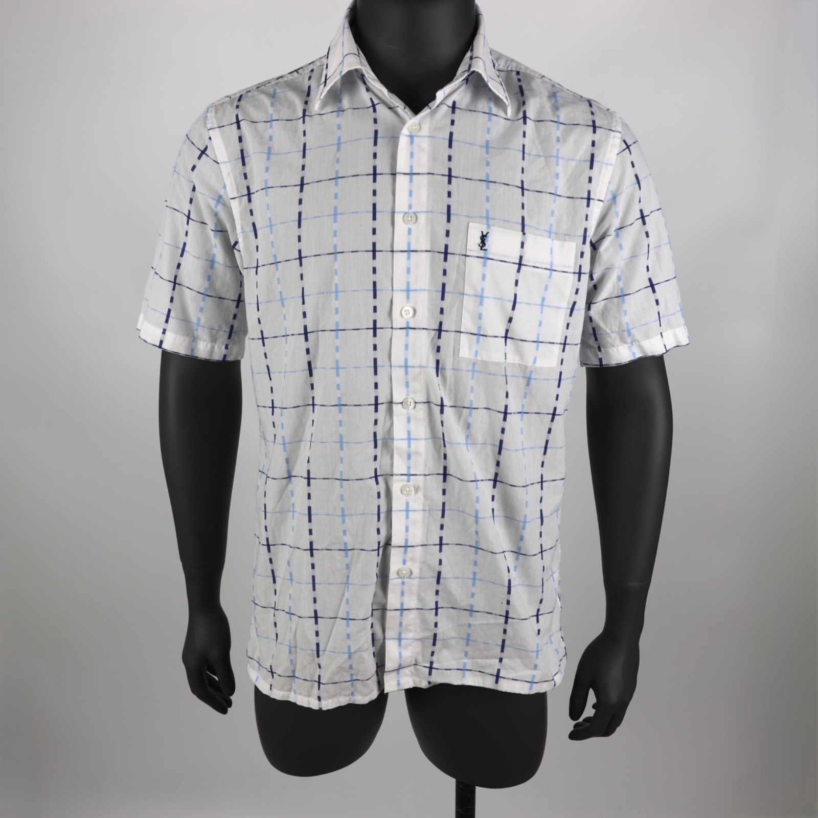 Yves Saint Laurent YSL camicia uomo vintage bianca blu quadri manica corta taglia M