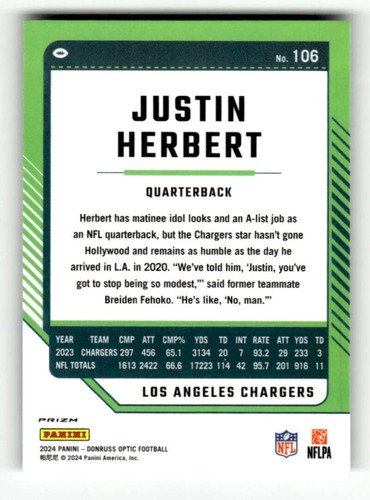 2024 Donruss Optic Stars #106 Justin Herbert LA Chargers - Bild 2 von 2