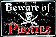 BEWARE OF PIRATES SIGN 12" X 8" METAL BLACK BEACH HOUSE MAN CAVE GAME ROOM 