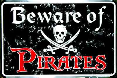 BEWARE OF PIRATES SIGN 12'' X 8'' METAL BLACK BEACH HOUSE MAN CAVE GAME ROOM 