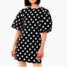 Kate Spade Womens Size 2 Black White Retro Puff Sleeves Apple Print Dress NWT 