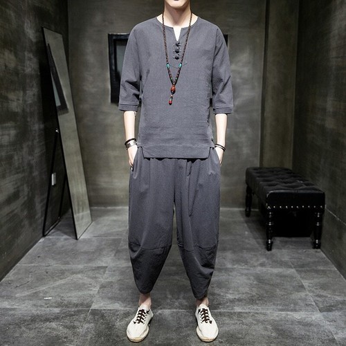 Japanese Style Suits Short-Sleeved T-shirt Pants Two Piece Men Tops Trousers - Picture 13 of 22