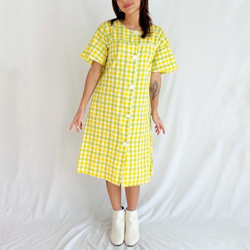 Vintage 60er Jahre gelb/lindgrün kariert Kurzarm Knopfleiste Kleid Damen Medium - Bild 5 von 10