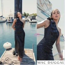NWT Mac Duggal 11283 Sequined Bow One Shoulder Column Gown Size 2 Black