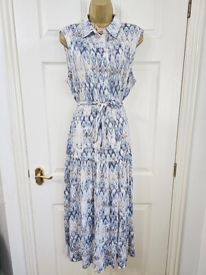 Damen Traum Shirt Kleid Gr. XL Blau/Weiß Ikat Ärmellos Midi Gürtel Azteken