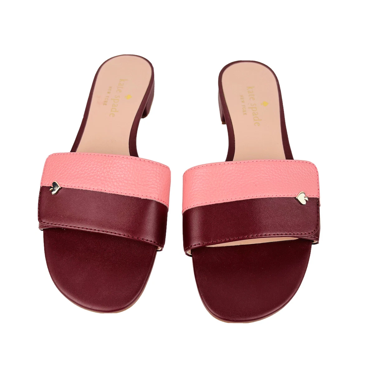 KATE SPADE Leather Maroon Pink Adjustable Strap Slip On Block Heel Sandals 7.5B