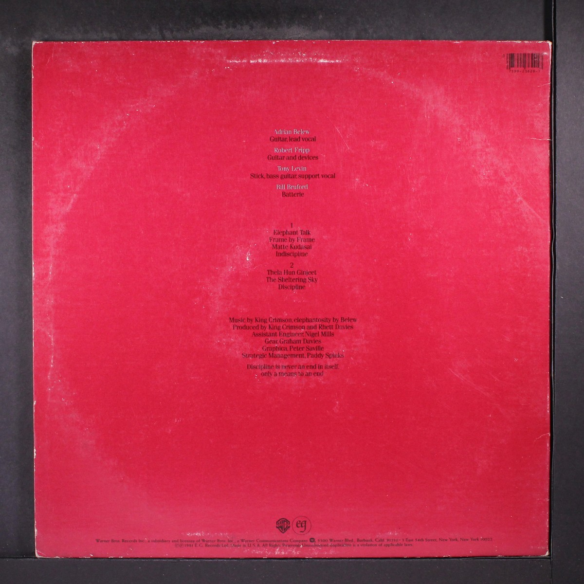 英LP King Crimson USA KCLP12 Discipline Global Mo /00260 KING CRIMSON - DISCIPLINE - WARNER BROS RECORDS LP EMBOSSED