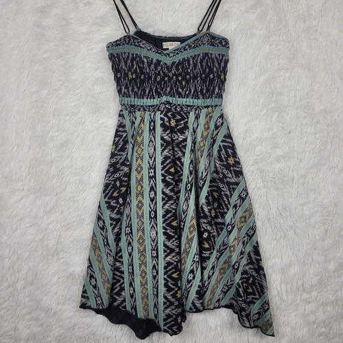 XS Billabong Teal Babydoll Empire Waist Dress Southwestern Aztec Print Y2K Beach - Picture 2 of 11