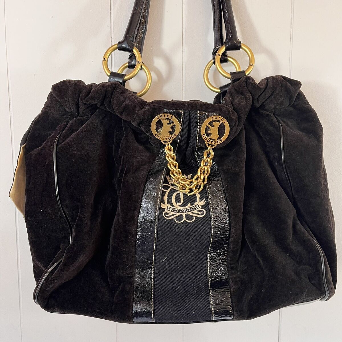 JUICY COUTURE Handbag Brown Velour Black Patent Leather JUICY COUTURE Handbag Brown Velour Black Patent Leather