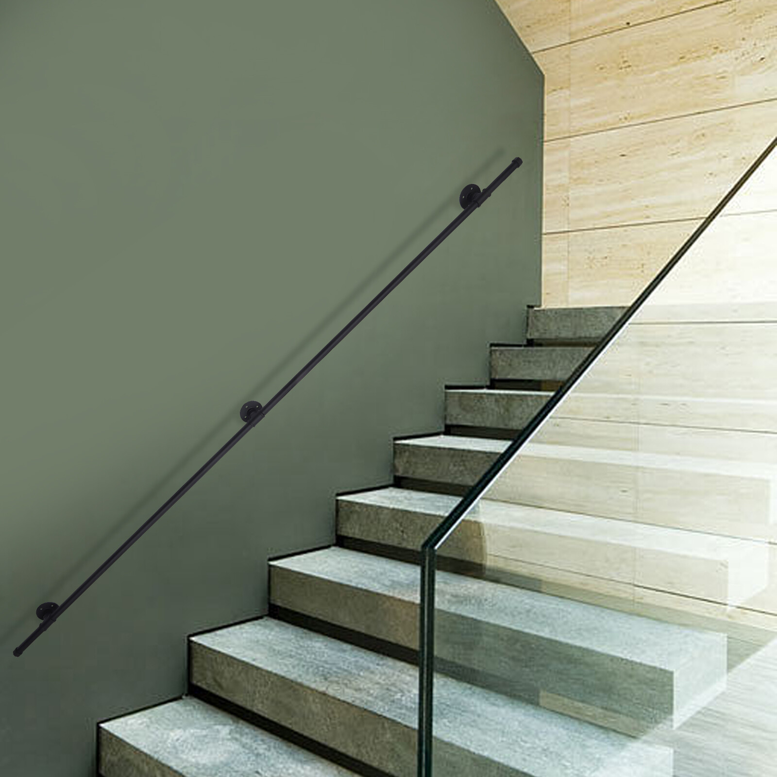 8 FT Iron Handrail for Steps Stair Railing Hand Rail Kit Black Outdoor Indoor US