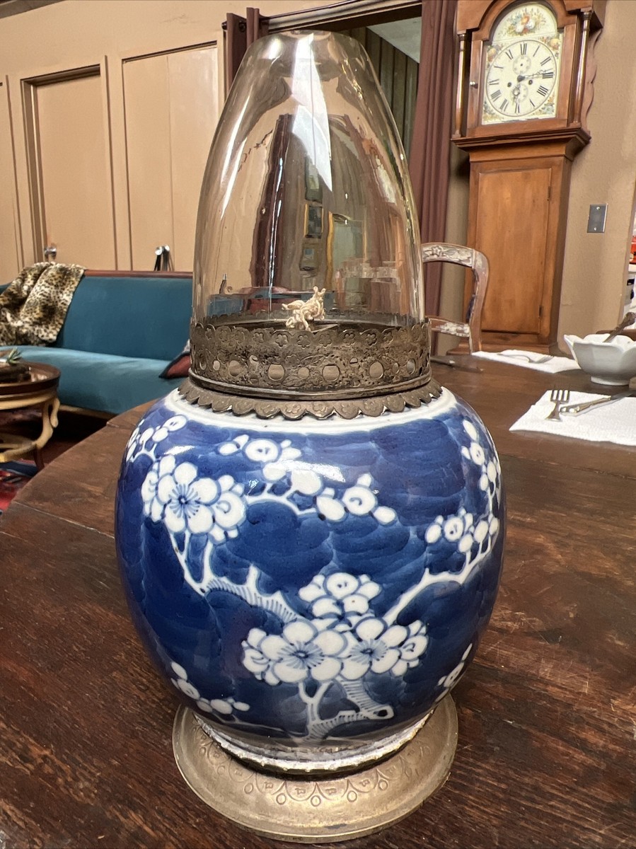 青*様 opium anotherchapteronline legacy ge Antique Chinese Blue and White Cherry Blossom Opium Lamp Brass