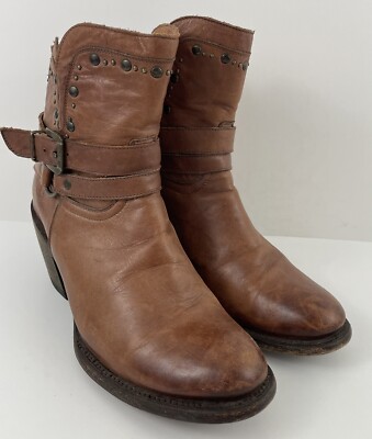 Rio Grande Boots Ankle Brown Leather Heeled Studded Buckle Harness Size 8