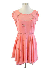 Free People Coral Floral Print Cutout Trim Pleated Dress Size 4 Spring Party