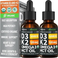 2 Pack Organic Vitamin D3 K2 Drops with MCT Oil Omega 3 5000 IU - Vitamin D L...