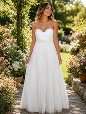 Lulu’s Size S Blissful Forever White Tulle Lace Strapless Pleated Maxi Dress