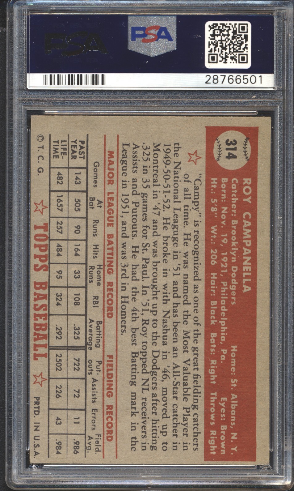 1952 Topps Baseball Roy Campanella #314 PSA 5 DODGERS HOF High Number SET BREAK view 2
