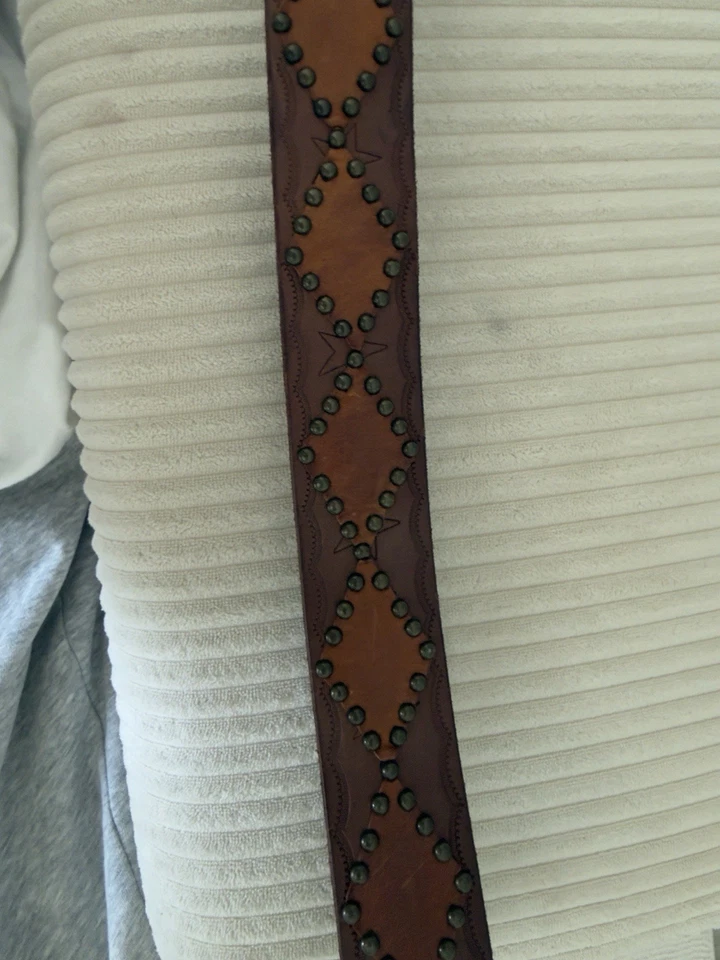 Linea Pelle Leather Belt Brown Studded Western Star Embossed Brass Buckle Size M - Image 4 of 4