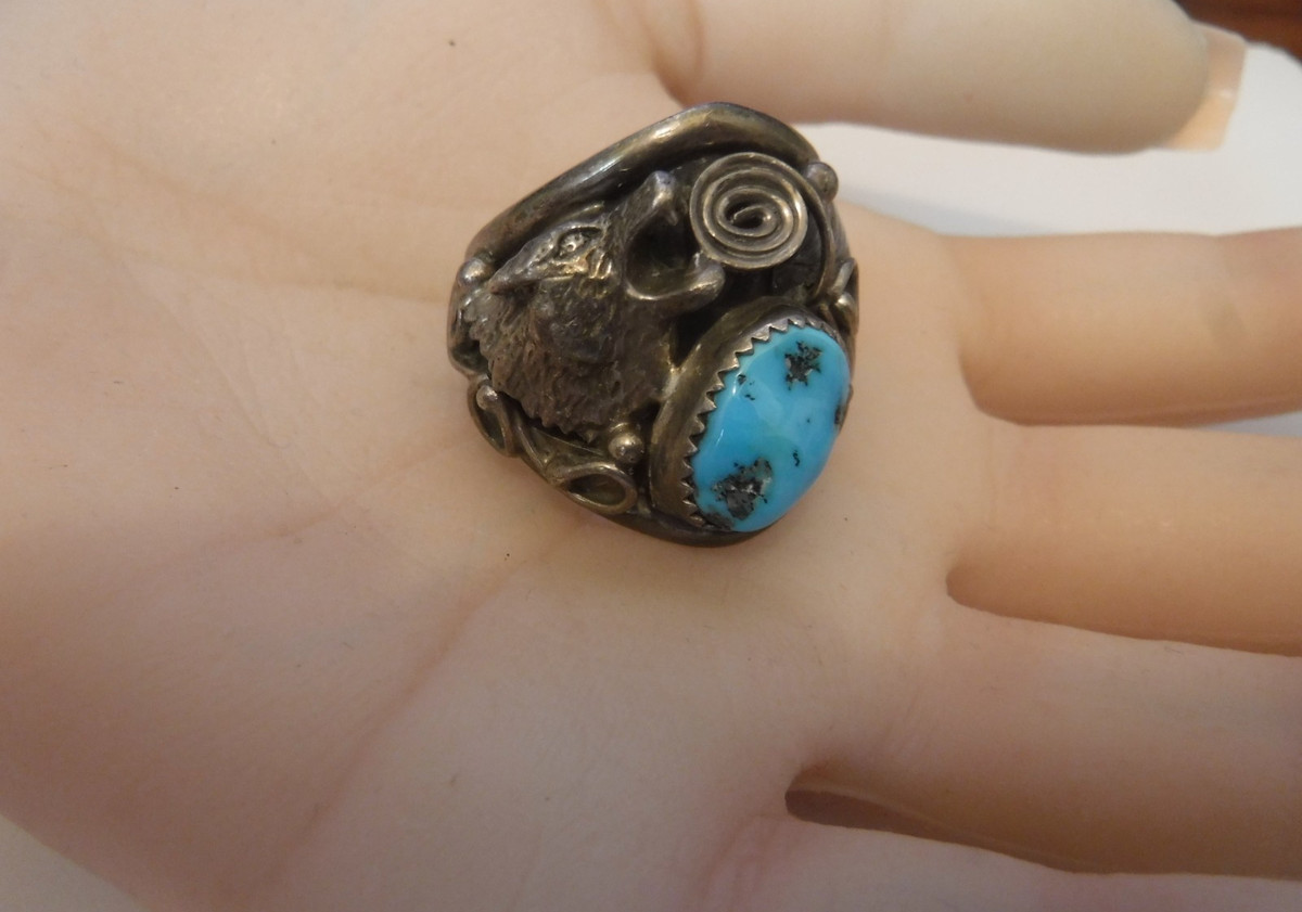 Vintage Running Bear Trading Gallup .925 Turquoise Ring Coyote Navajo Size 10.5 View 6