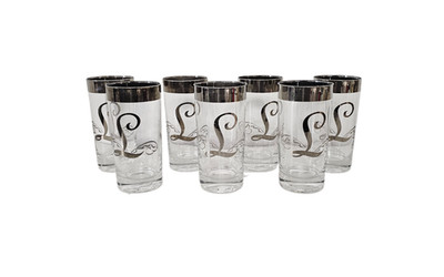 VTG Monogram Drinking Glasses Initial Letter L Silver Dorothy Thorpe Set of 7