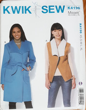 Kwik Sew K4196 Shawl Collar Vest & Belted, Lined Coat Sz XS-XL UNCUT Pattern