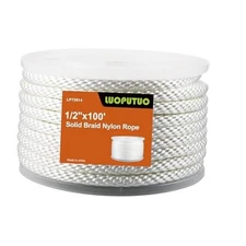 1/2 Inch 100ft White Nylon Solid Braid Rope| High UV & Abrasion 1/2 In×100 FT