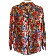 PS Studio Women's Silk Floral Button Down Shirt Medium Long Sleeve Blouse