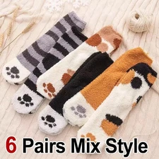 6 Pairs Women's Fuzzy Winter Fluffy Cozy Warm Cute Cat/Tiger Pattern Paw Socks