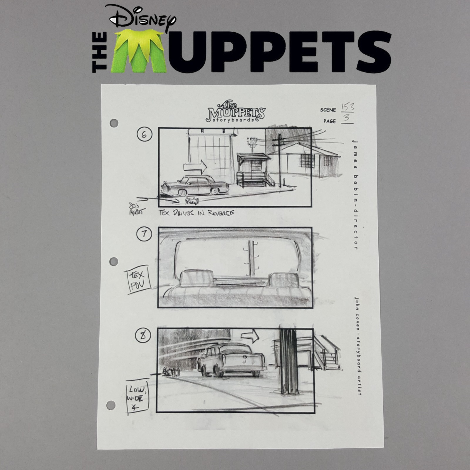 The Muppets (2011) - Production Used Storyboard, Tex Takes off in Car, COA