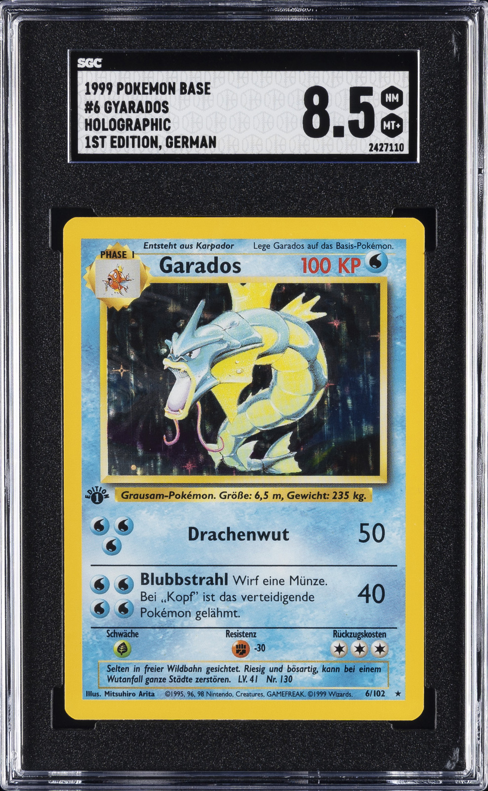 1999 POKEMON BASE HOLO,  1S ED,  GERMAN #6 GYARADOS SGC 8.5
