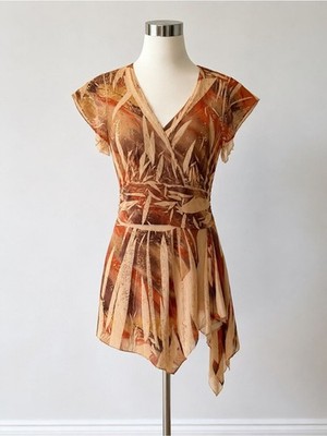 MKM Designs Vintage Y2K Blouse Top Abstract Pattern V-Neck Earthy Tones Size M