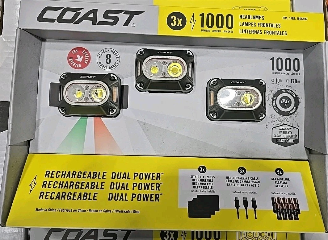 Coast CH1000R 1000 Lumen Stirnlampe 3er Pack - Wiederaufladbar Dual Power IPX7