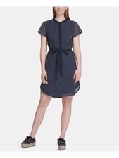 DKNY Womens Navy Polka Dot Mandarin Collar Above The Knee Shirt Dress S