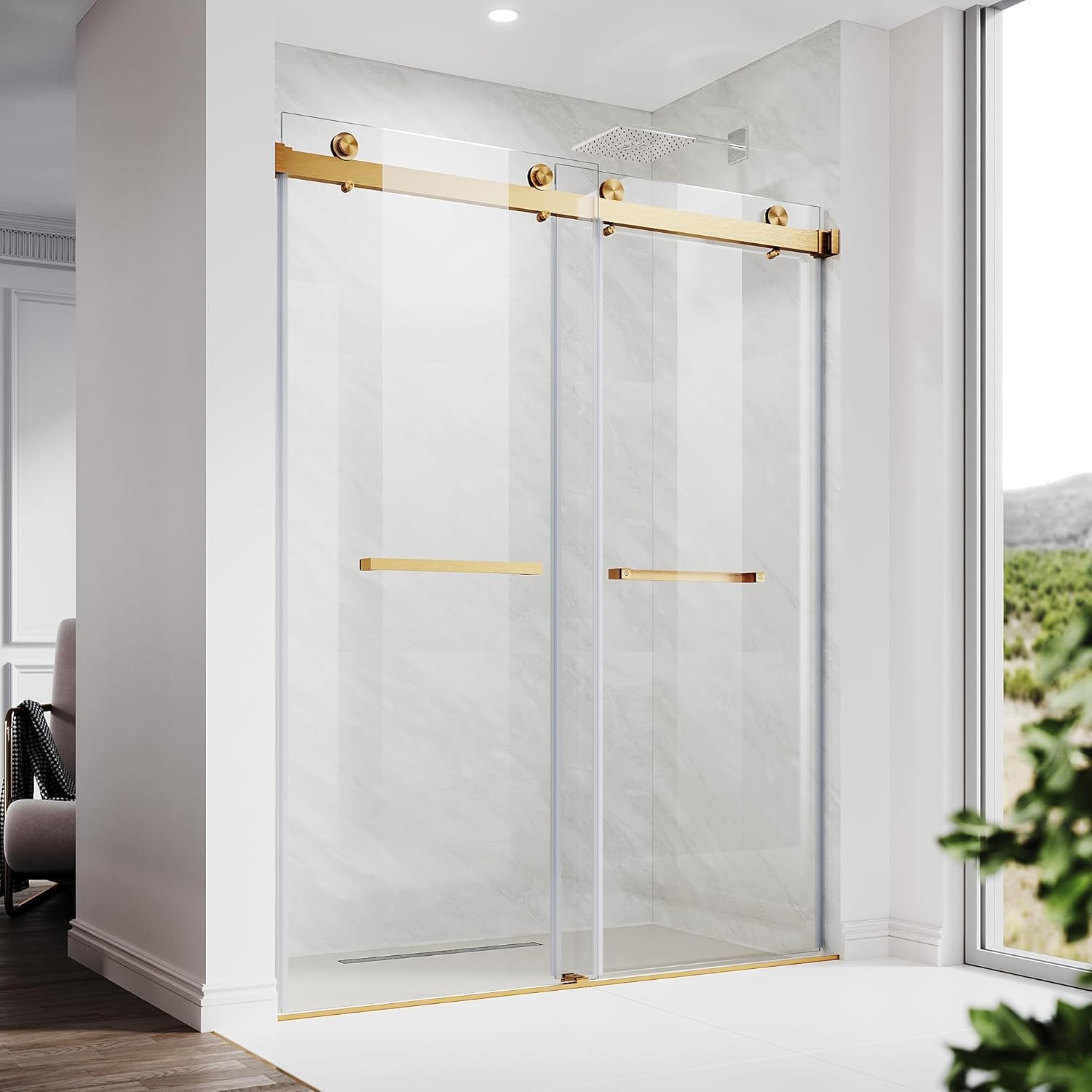 60x76 Gold Frameless Sliding Glass Shower Door Clear Bathroom Upgrade