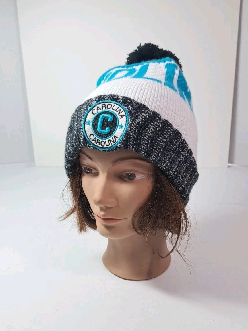 Carolina Pom Pom Knit Beanie Hat Black, White, Blue Color Scheme