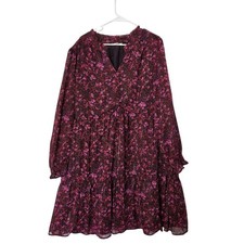 Terra & Sky Aubergine Floral Pullover Long Sleeve V-Neck Tiered Mini Dress Sz 4X