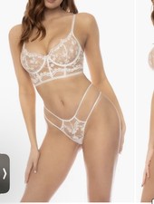Mapale Lace Longline Bra  Strappy Thong Set White NWT