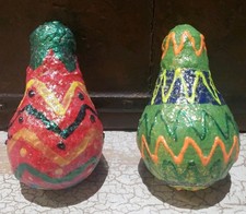 PAIR Colorful Natural Dried Gourds Maraca Shakers Handpainted 4.5" Decor Tribal