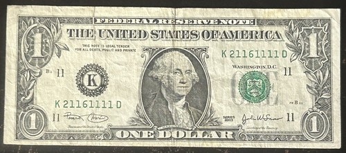 (6 OF A KIND!) $1 6 Of A Kind 1s Fancy Serial Number K21161111D Series 2003 - Picture 2 of 3