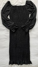 GOTH! Shein sz 12 Black Smocked Midi Bodycon Pencil Dress Long Chiffon Sleeve