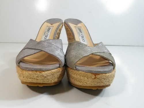 Jimmy Choo Women Shoes Espadrille Slides Shiny Silver Wedge Sandals Size 38 - Picture 5 of 11