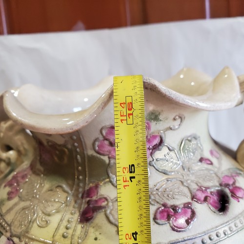 CHINESE URN Moriage Modern Floral Stoneware Figural Handles Serpentine Top 16.5" - Picture 17 of 17