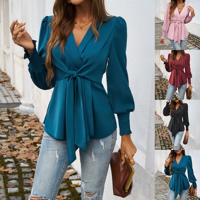 Damen Langarmshirt Party Hemd Falten V-Neck Tops Oberteile Freizeit Tunika Bluse