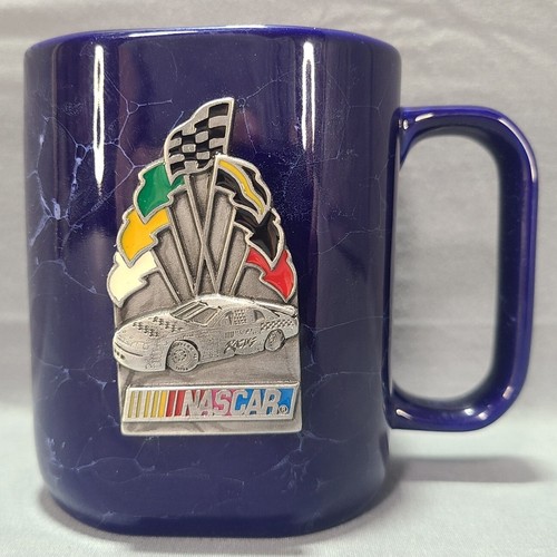 Nascar blau marmoriert Kaffeebecher Tasse mit Metallabzeichen guter Zustand