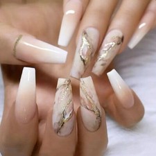 Marble Press on nails with glue 24 nails extra long coffin white tan pink gold