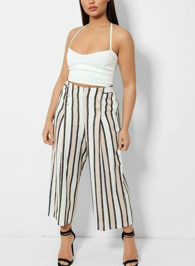 High Waist Ex Store Ladies Linen Pants Striped Wide Leg Flared Summer Trousers