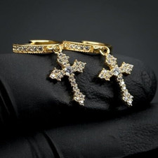 Iced 14K Yellow Gold Plated Cross Drop Dangle Cubic Zirconia Men Women Earrings